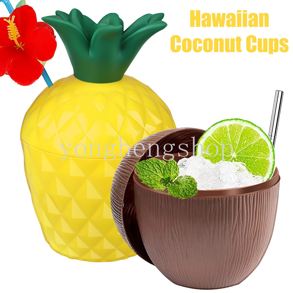 Kreatif Hawaii Pesta Nanas Kelapa Cangkir Minum Dengan Tutup Sedotan Tema Pantai Tropis Party Drinkware Drink Decor Water Juice Cups