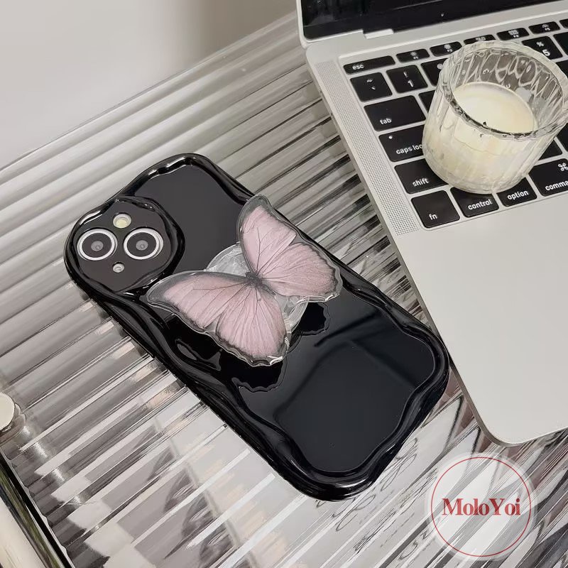 IPHONE Fantasy Braket Kupu-Kupu Lipat Ring Holder Case Kompatibel Untuk Iphone7 8 6 6s Plus 11 14 12 13 Pro Max XR XS X Max Se2020 3D Wavy Curved Edge Fashion Penutup Cat Air Sederhana