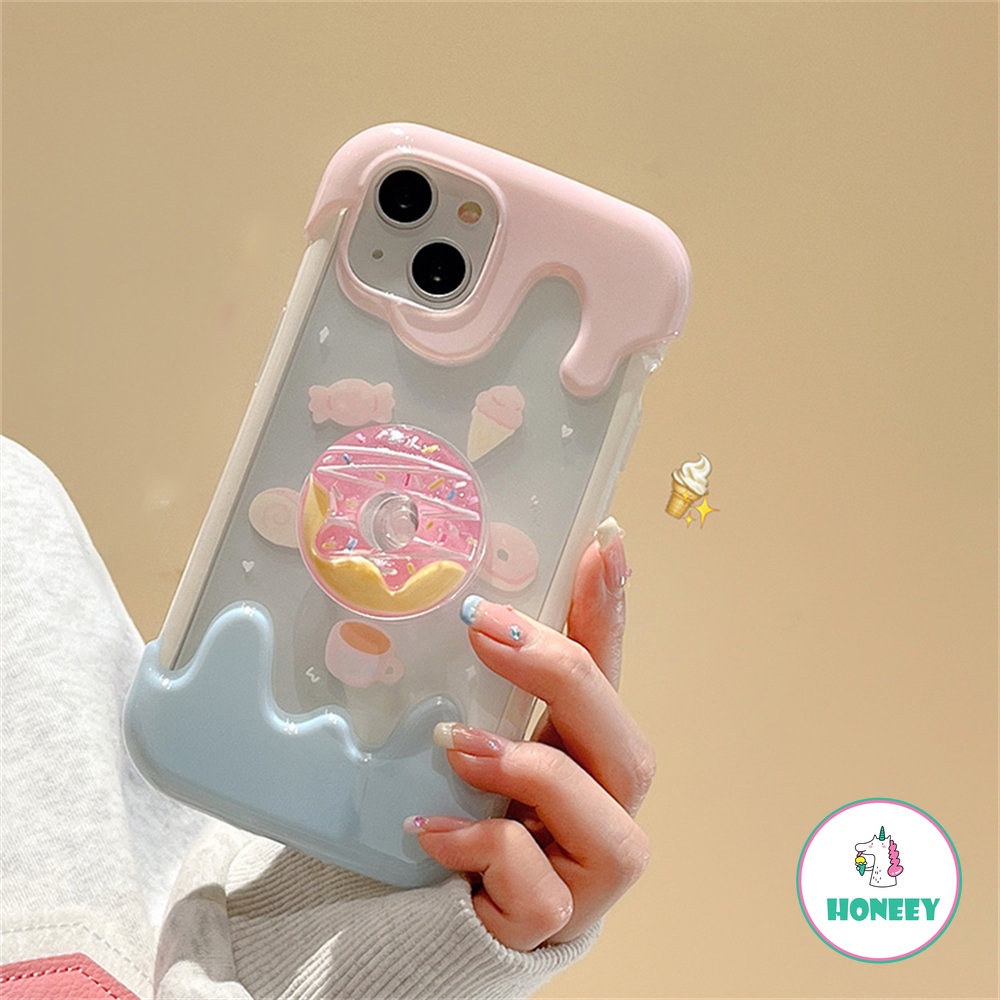 IPHONE Lucu 3D Donat Holder Stand Melted Ice Cream Soft Phone Case Untuk Iphone14 13 12 Pro Max11 Lovely Shockproof Back Cover