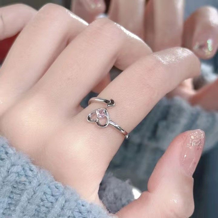 Ahelloirl Indah Hati Zirkon Bertatahkan Cincin Terbuka Perempuan Sederhana Rasa Tinggi Niche Desain Tren Fashion Perhiasan Serbaguna