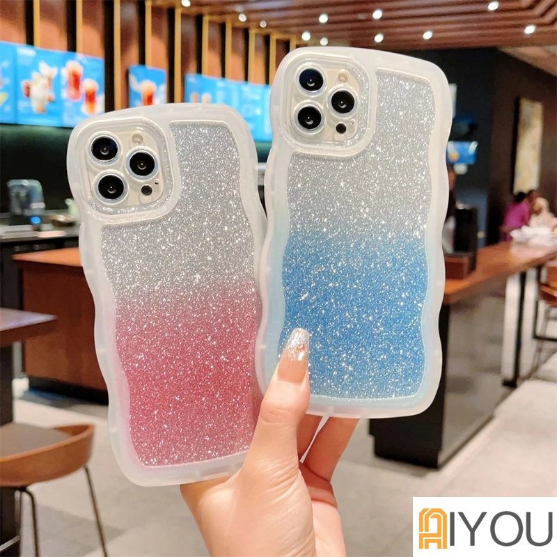 IPHONE Casing Ponsel Bening Glitter Gradasi Untuk Iphone14 13 12 11 Pro Max X XR Xs7 8 6 Plus S2022 Bingkai Bergelombang Keriting Bumper Tahan Guncangan