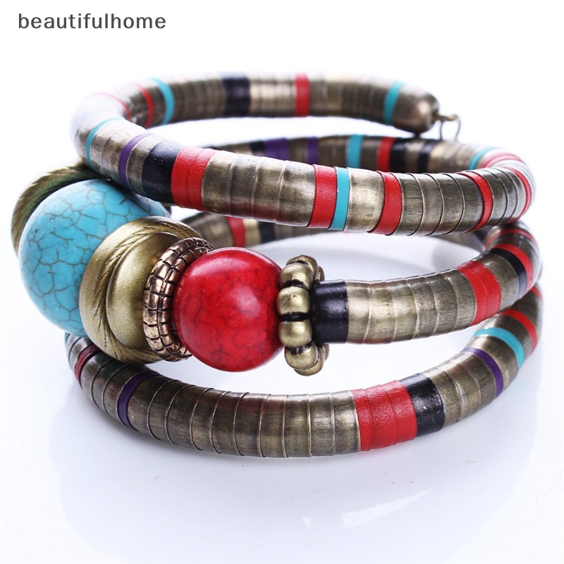 {beautifulhome} Wanita Warna Perak Imitasi Turquoise Boho Adjust Bangles Charm Chic Beads Bracelets.