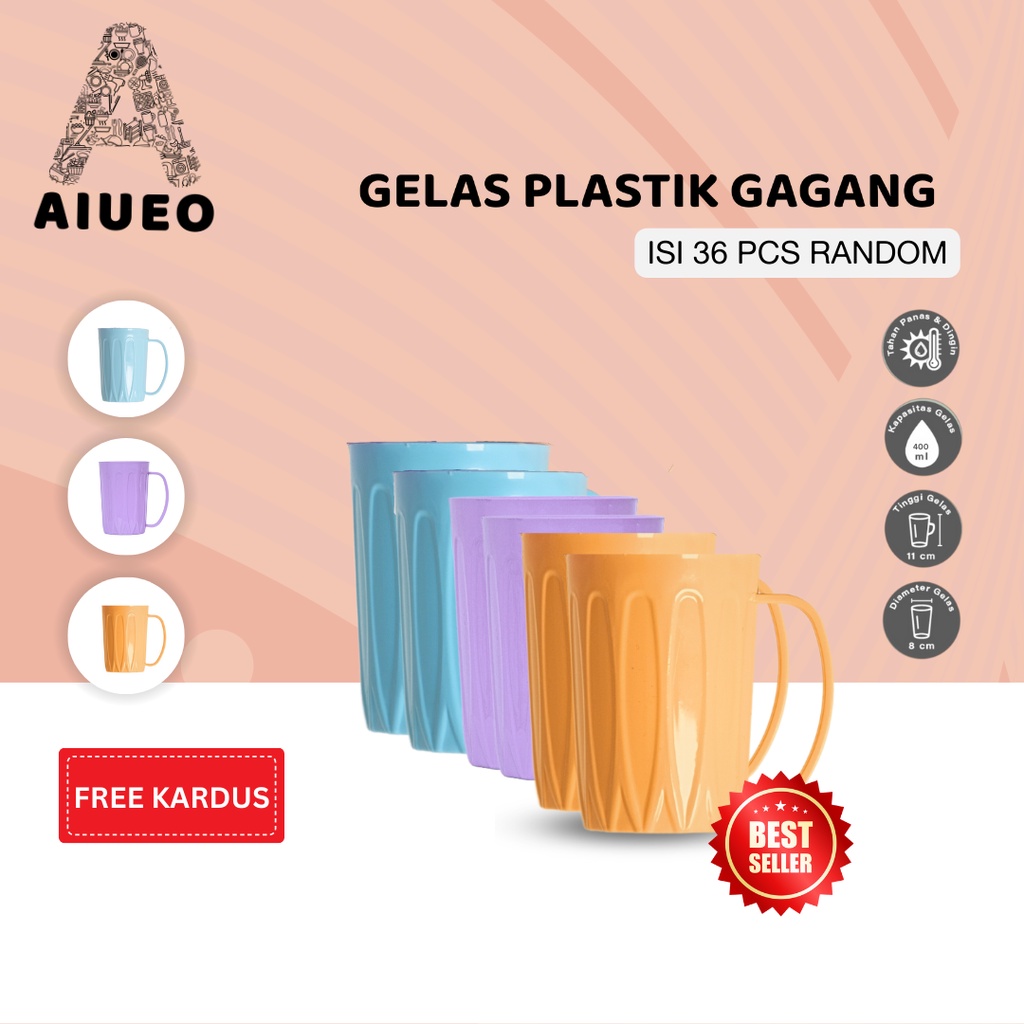 [Gratis Packaging Kardus] • 3 Lusin Gelas Gagang Plastik AIUEO  400ml - Gelas Bening Mika Warna Tahan Panas