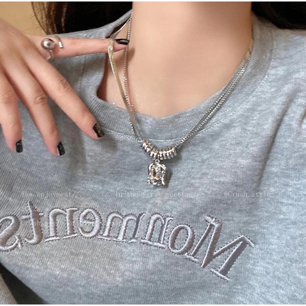 Kalung Sweatshirt Dua Lapis Zirkon Gaya Hip-Hop Trendi Baru Wanita Desain Niche Rantai Klavikula Cahaya