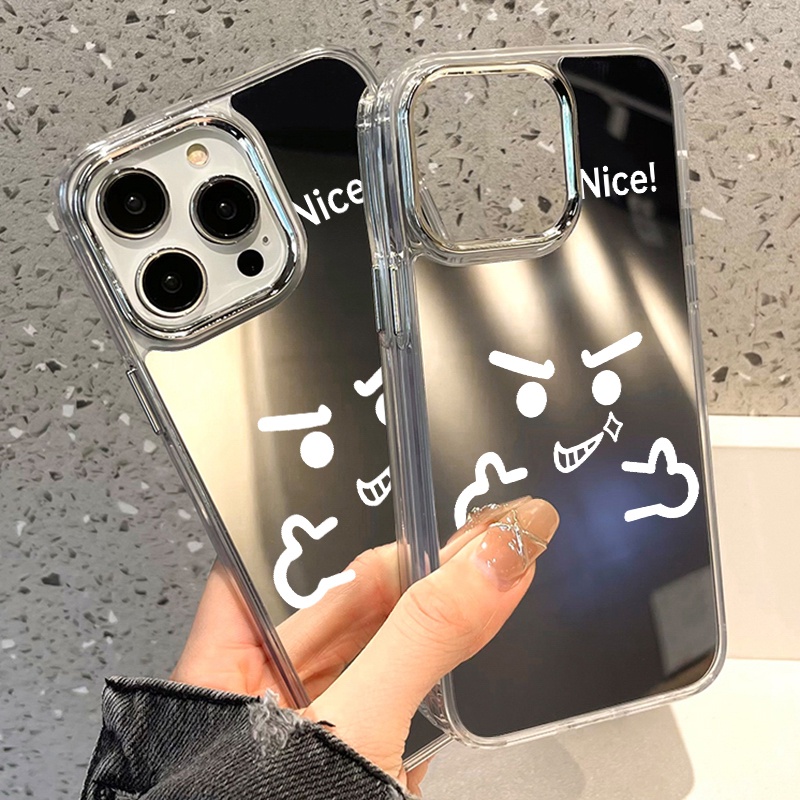 IPHONE Kartun Bagus Emoji Mirror Phone Case Kompatibel Untuk Iphone11 12 13 14 12Pro 13Pro 14Pro Pro Max XR X XS Max Electroplating Tombol Perlindungan Mirror Cover
