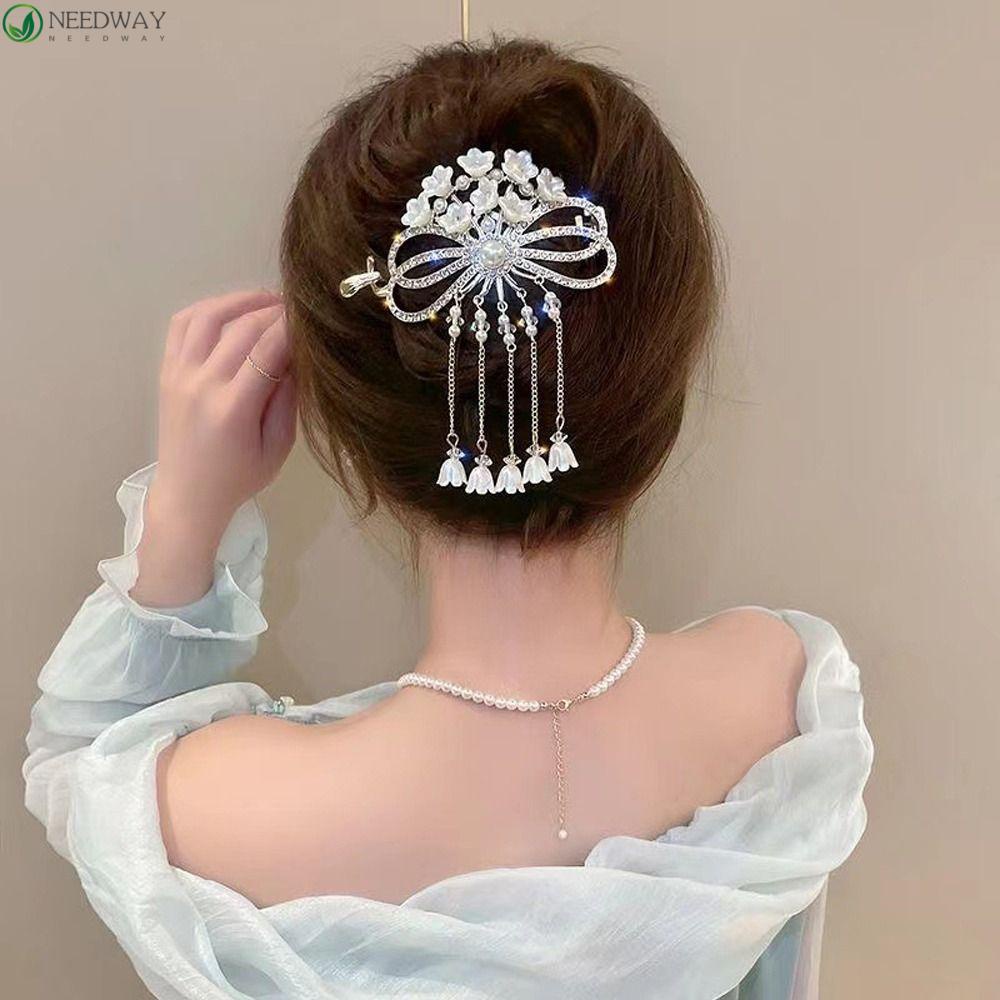 Needway Wanita Ponytail Holder Bow Knot Elegan Bell Bunga Anggrek Berlian Imitasi Alloy Gaya Cina Klip Rambut Untuk Hadiah Ulang Tahun