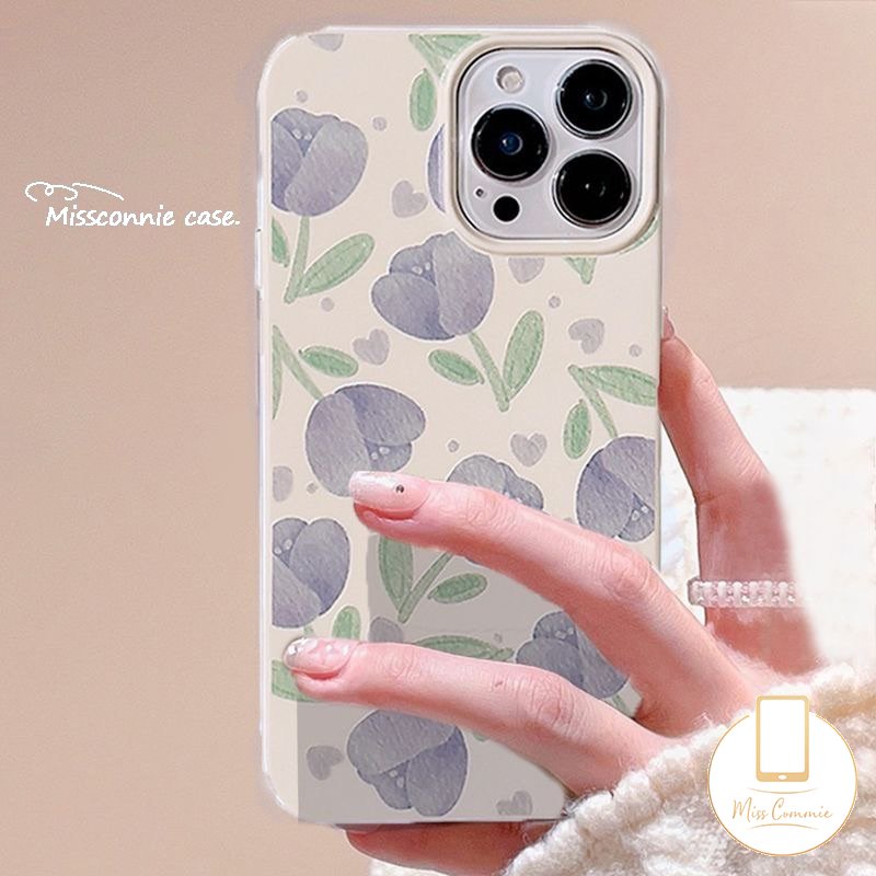 Ins Fashion Gaya Korea Glossy Phone Case Kompatibel Untuk IPhone 7Plus XR 11 14 13 12 Pro Max X XS Max7 8 Plus Se2020Musim Panas Lukisan Minyak Tulip Halus Shockproof Soft Cover