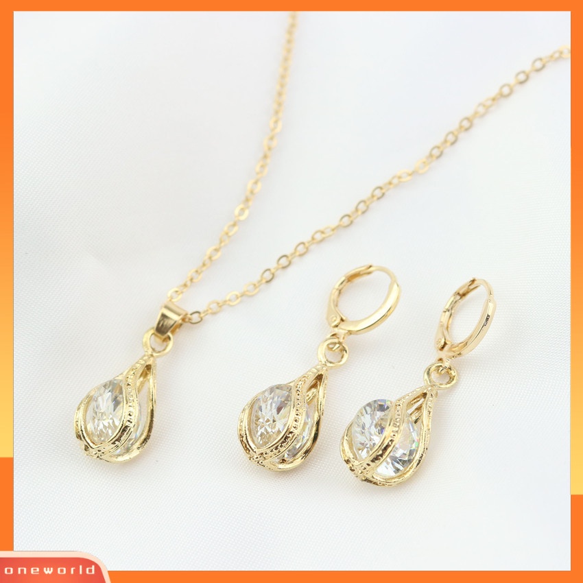 [ONR] Tergabung Zirkon Berbentuk drop spiral Berongga Kalung Anting set Aksesoris Dua Potong set