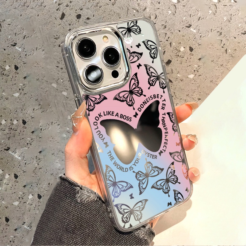 IPHONE Biru Pink Smudged Butterfly Mirror Phone Case Kompatibel Untuk Iphone11 12 13 14 12Pro 13Pro 14Pro Pro Max XR X XS Max Electroplating Tombol Perlindungan Mirror Cover