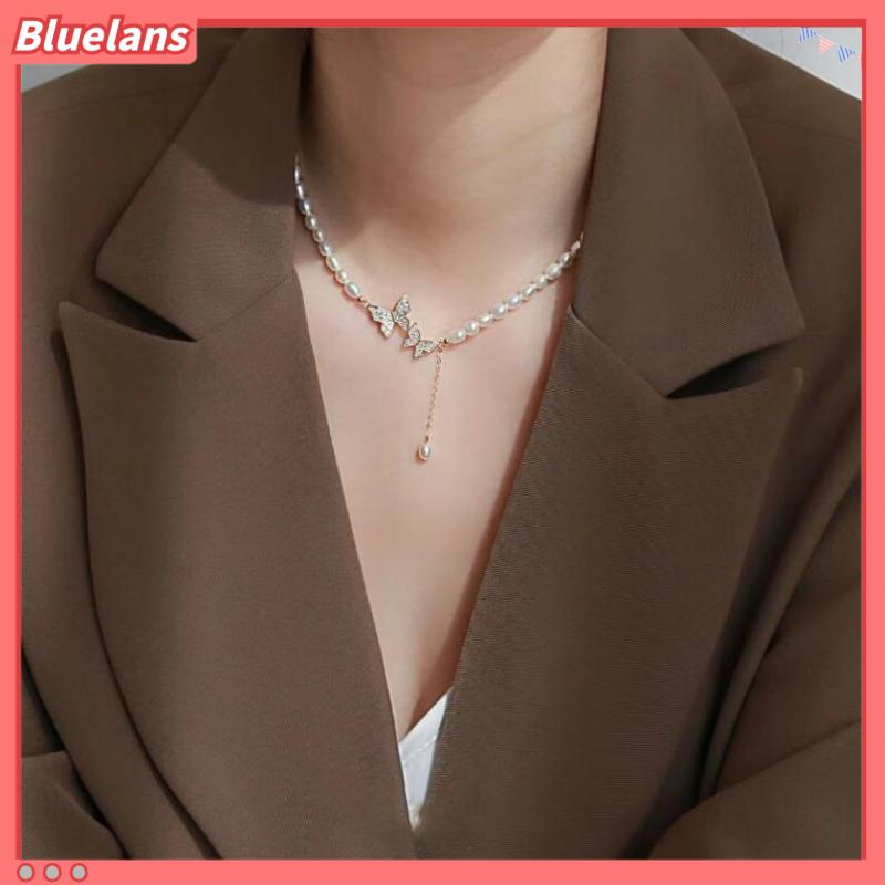 [BLS] Fashion Mutiara Kalung Cahaya Mewah Berlian Minor Kupu-Kupu Pendek Choker Klavikula Rantai
