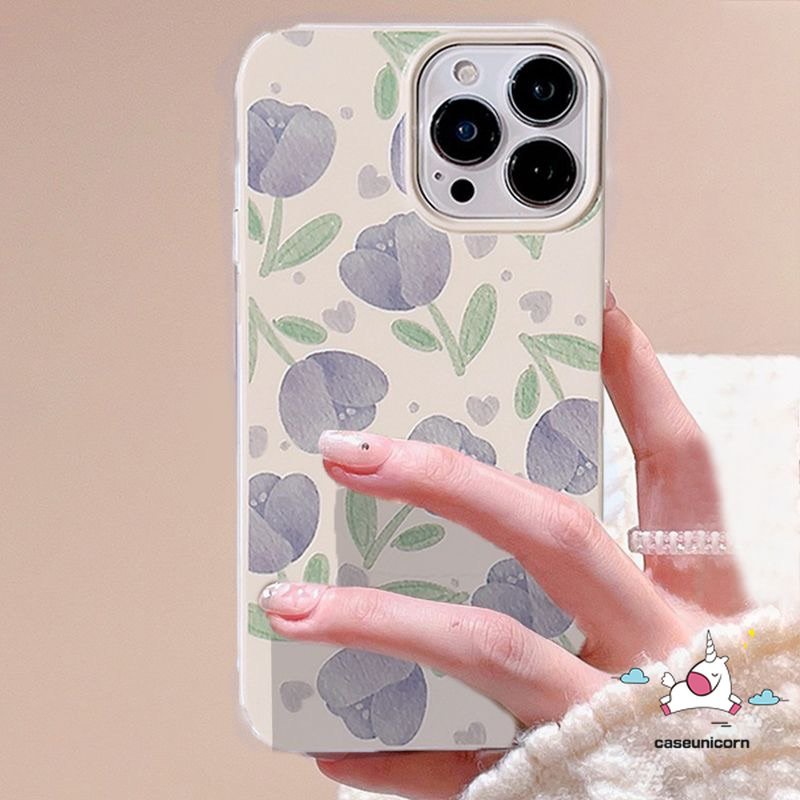 IPHONE Fashion Freshness Purple Tulip Glossy Case Kompatibel Untuk Iphone14 11 13 12 Pro Max XR 7 8 Plus X XS Max Se2020 Shockproof Simple Three Flower Camera Protection Soft Tpu Cover