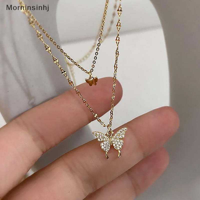 Mornin Fashion Shiny Butterfly Necklace Ladies Indah Rantai Klavikula Lapisan Ganda Keren Rantai Leher Untuk Wanita Perhiasan Hadiah id