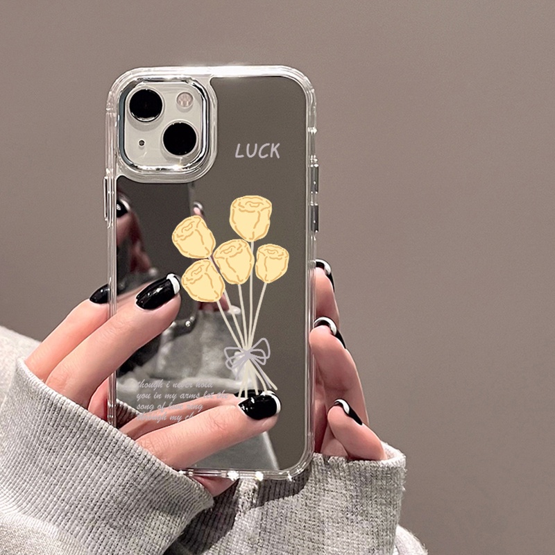 IPHONE Lucky Yellow Rose Mirror Phone Case Kompatibel Untuk Iphone11 12 13 14 12Pro 13Pro 14Pro Pro Max XR X XS Max Electroplating Tombol Perlindungan Mirror Cover