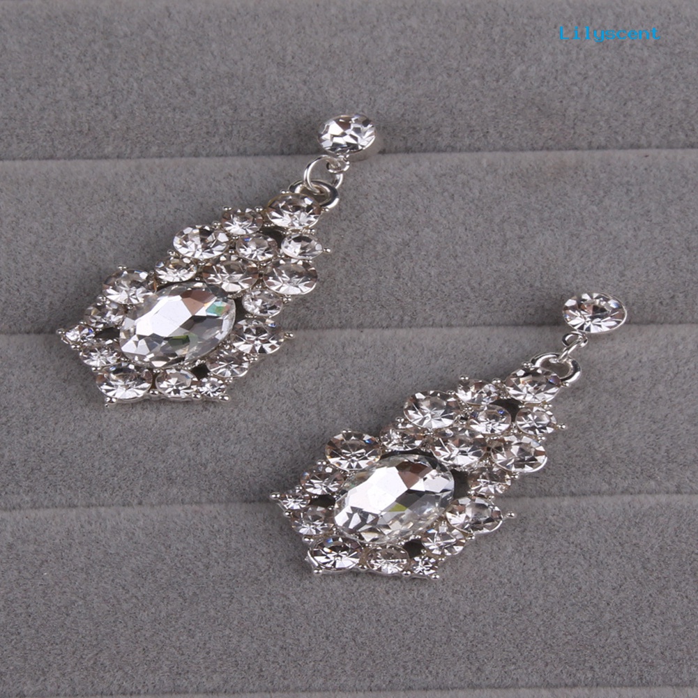 [LS]Wedding Bridal Queen Style Berlian Imitasi Sepenuhnya Mengkilap Kalung Anting Set Perhiasan