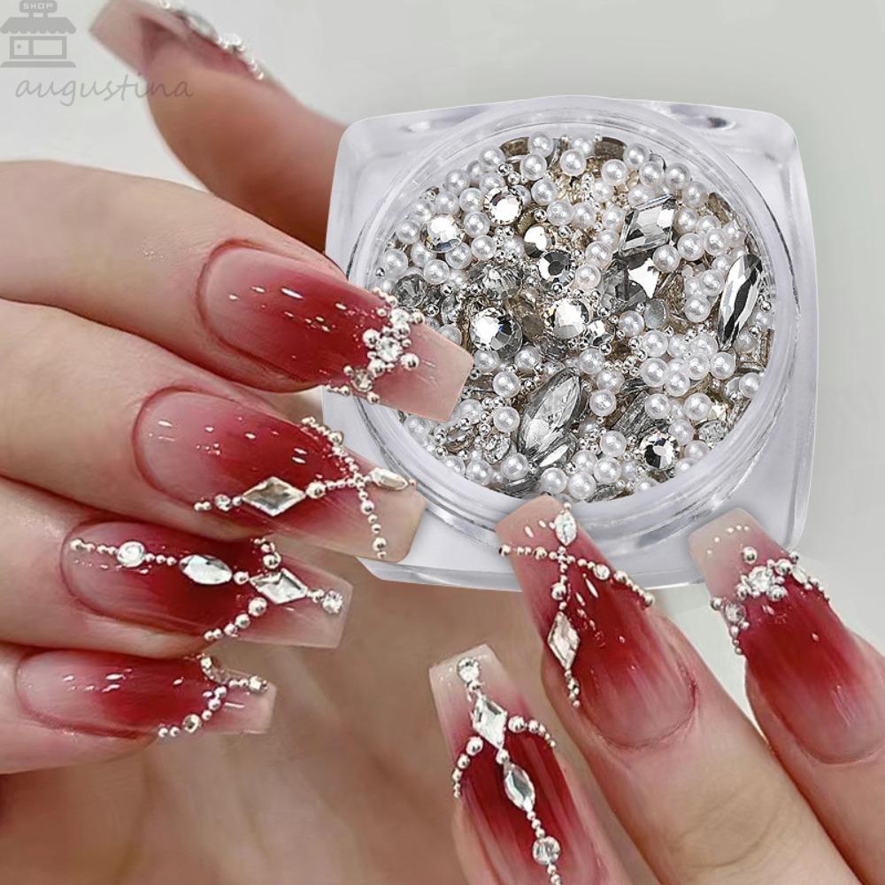 AUGUSTINA Agustina Kuku Berlian Imitasi Wanita Cinta Hati Datar Bawah Mata Bor Bintang Manikur Aksesoris Nail Art Perhiasan Mutiara Dekorasi Kuku