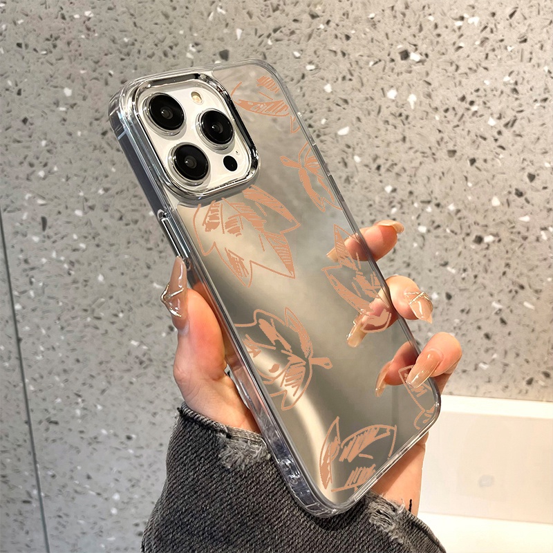 IPHONE Maple Leaves Mirror Phone Case Kompatibel Untuk Iphone11 12 13 14 12Pro 13Pro 14Pro Pro Max XR X XS Max Electroplating Tombol Perlindungan Mirror Cover