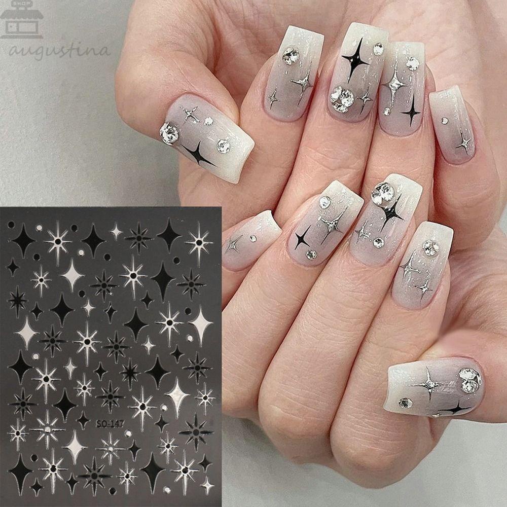 AUGUSTINA Agustinina Star Nail Stickers Ins Style Bronzing Stars Self-adhesive Hitam Putih Nail Art Dekorasi