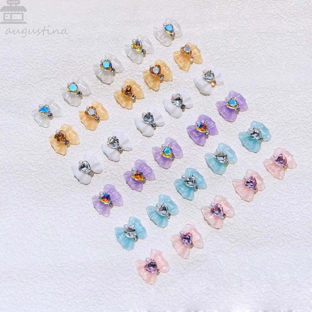AUGUSTINA Agustina Dekorasi Nail Art 5 Pcs Merek Mewah 3D Resin Hati Berlian Imitasi Busur Kuku Pesona