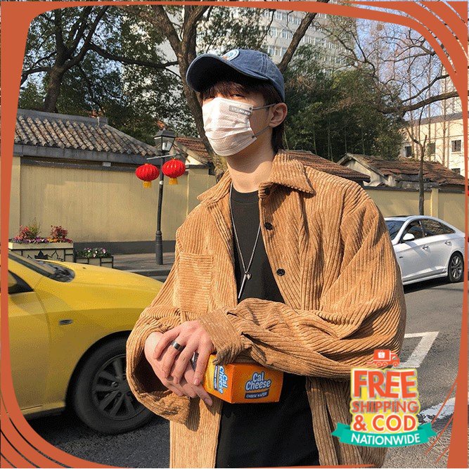 JAKET OOTD KONSER OOTD CAFE/ Corduroy Retro Long Sleeve Outer Shirt Casual Oversize in Brown and Bla