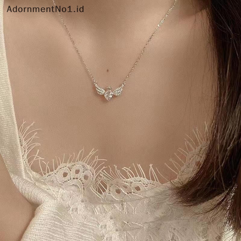 [AdornmentNo1] Gaya korea Fashion kristal hati sayap liontin kalung warna perak mahkota rantai klavikula untuk wanita pernikahan perhiasan Aesthetic