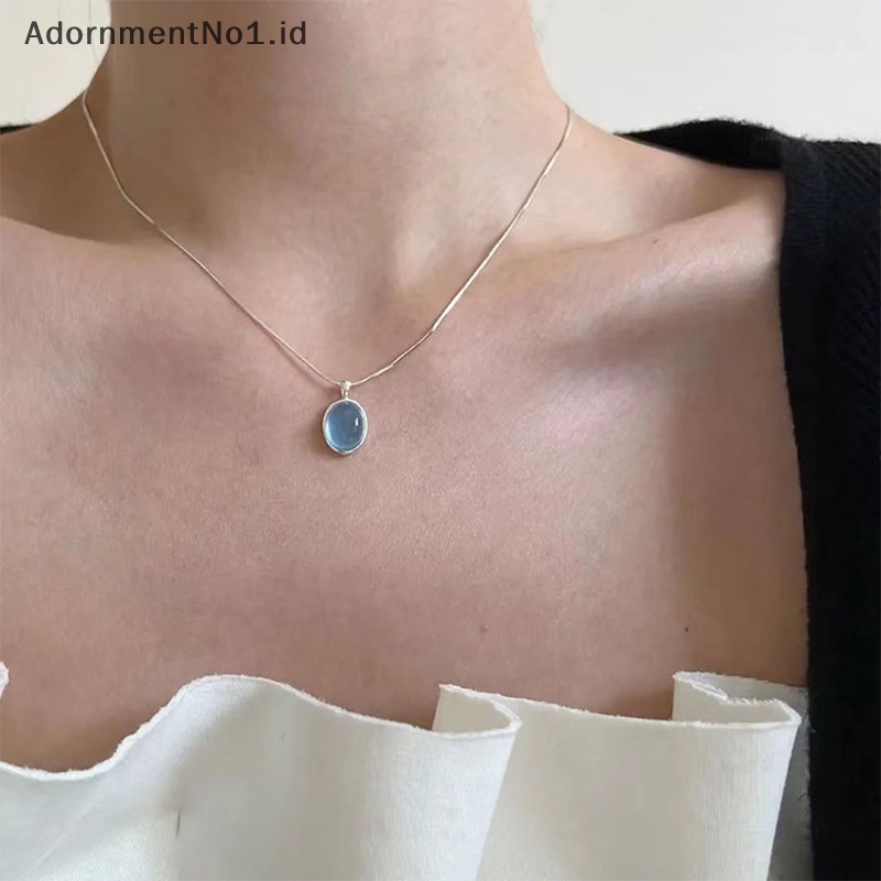 [AdornmentNo1] Fashion warna Silver Blue Moonstone Aquamarine kalung desain unik Oval kristal rantai klavikula untuk teman wanita perhiasan hadiah