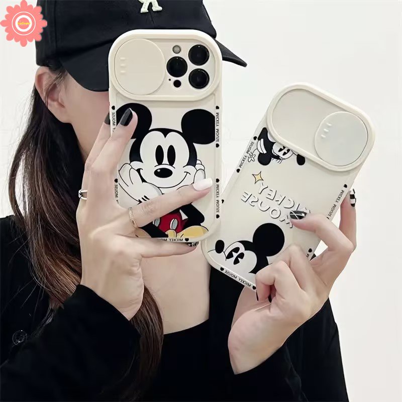 Couple Cute Mickey Mouse Phone Case Compatible for iPhone 11 13 12 Pro Max 7Plus 8Plus XR X XS Max Push Pull Window Cartoon Disney Strawberry Bear Lotso Camera Lens Protector Cover