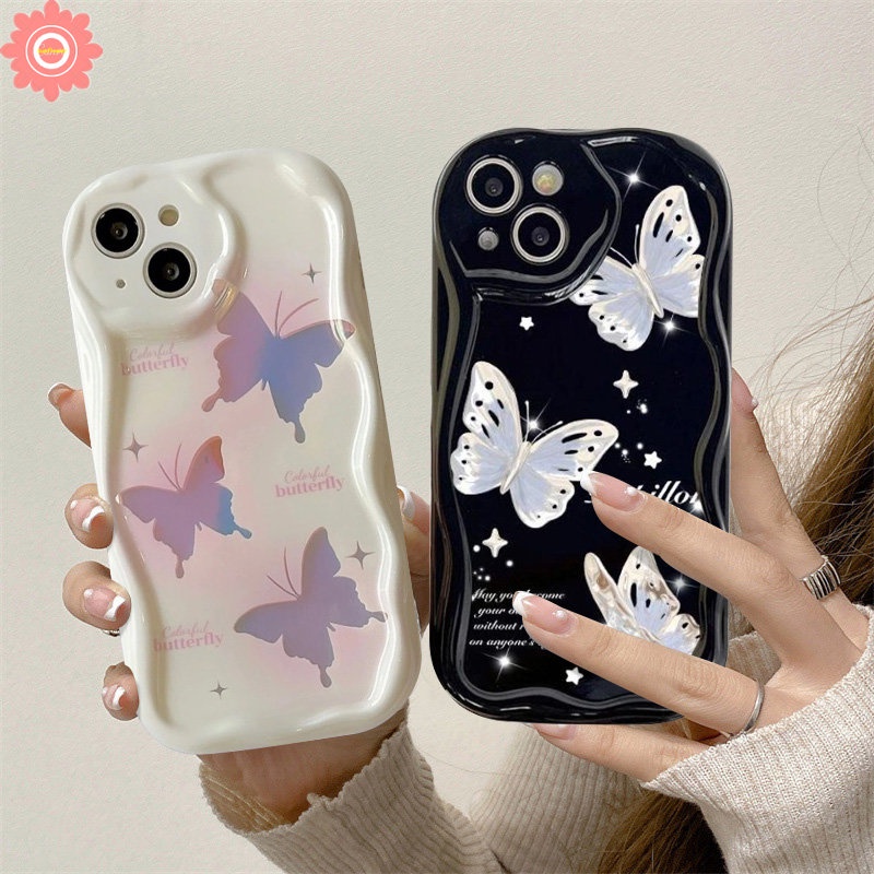 INS Korean Fantasy Glitter Butterfly Case Compatible for IPhone 7Plus 11 13 14 12 Pro Max XR 7 8 6s 6 Plus X XS Max SE 2020 3D Wavy Curved Edge Soft Tpu Cover