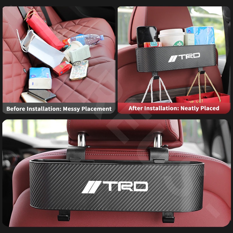 Toyota TRD Car Back Seat Organizer Kursi Belakang Mobil Hook Kotak Penyimpanan Cup Holder Tekstur Serat Karbon Untuk Toyota Agya Raize Calya Avanza Veloz Rush Kijiang Innova Yaris Corolla Cross bZ4X RAV4 Vios Fortuner CHR Camry