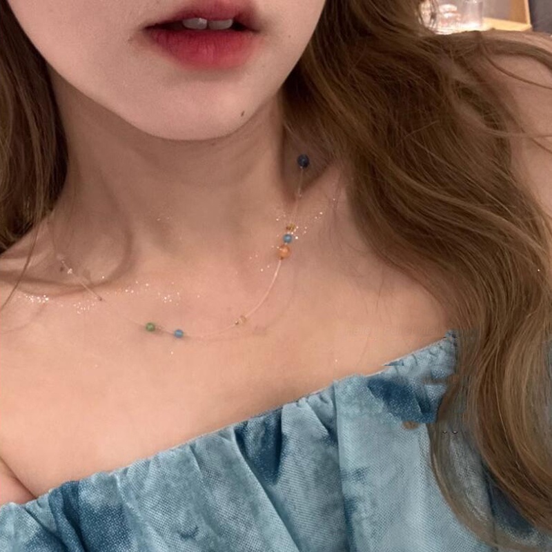 Roselife Musim Panas Planet Warna-Warni Opal Manik-Manik Choker Kalung Untuk Gadis Energik Korea Garis Transparan Tahan Air Liburan Pantai Tulang Selangka Rantai Kalung Perhiasan Aksesoris