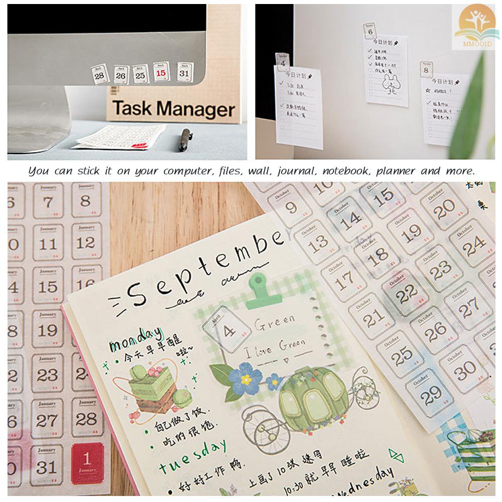 In Stock 12lembar/Set Calender Sticker Paket Harian 12bulan 365hari Label Stiker Untuk Kerajinan DIY Scrapbooking Jurnal Notebook Dekorasi Janjian Daily Planner