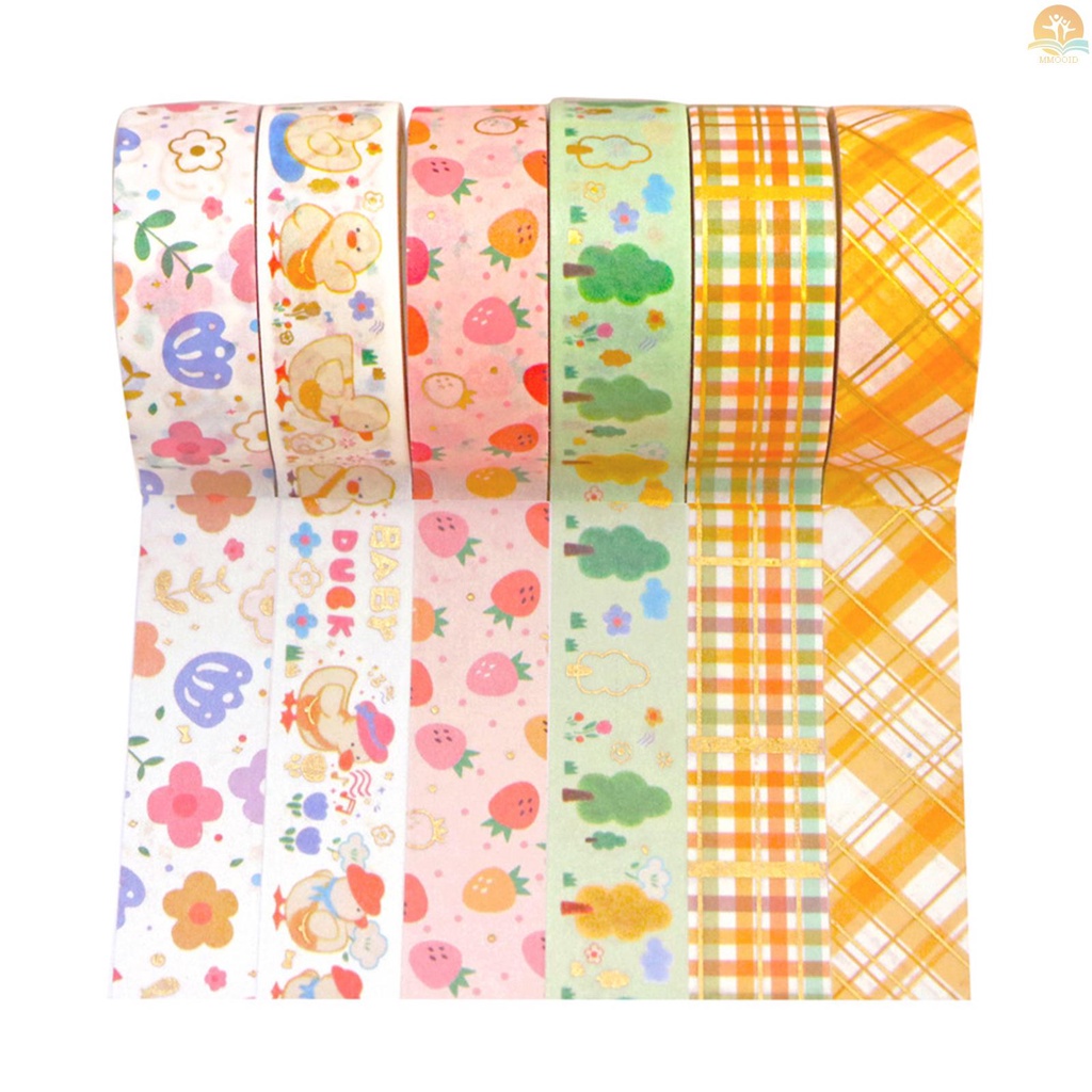 In Stock 6roll Lucu Kartun Foil Emas Washi Tape Set Gaya Rustic Washi Masking Tapes Tape Perekat Dekoratif Label Stiker Lebar 15mm Untuk DIY Seni &amp; Kerajinan Scrapbooking Jurnal