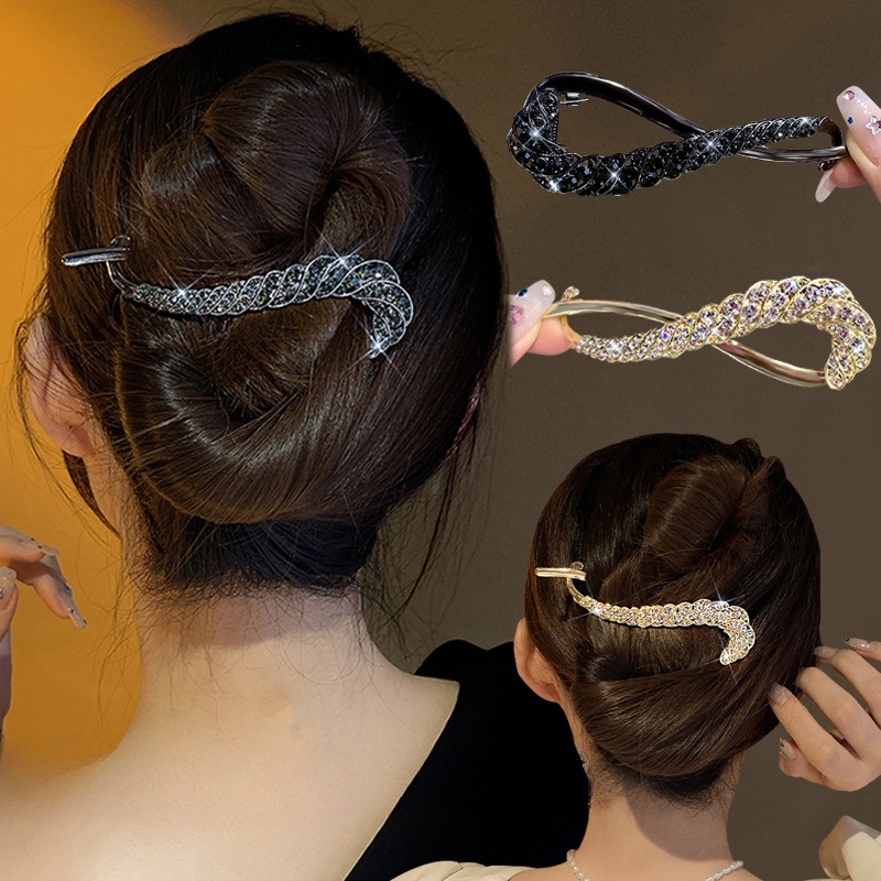 Elegan Wanita Besar Rambut Pin Pesta Pernikahan Halus Ponytail Holder Twist Clip Alloy Hiasan Kepala Hadiah Aksesoris Rambut Korea INS Style Populer Berlian Imitasi Mengkilap Gandum Jepit Rambut