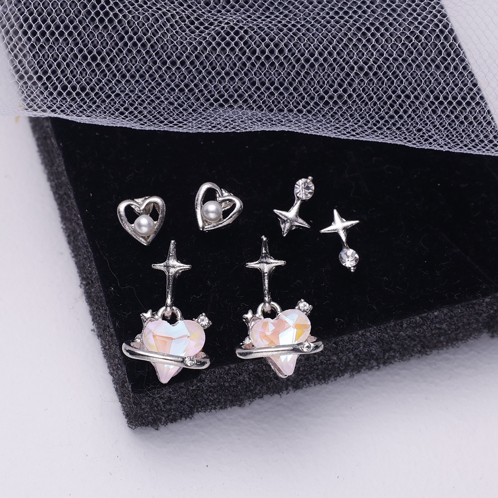 6pcs/set Bintang Berlian Pejantan Anting-Anting Merah Muda Kristal Cinta Hati Temperamen Anting-Anting Elegan Untuk Wanita Gadis Fashion Y2K Korea INS Gaya Tusuk Manis Untuk Telinga Pesta Liontin Anting