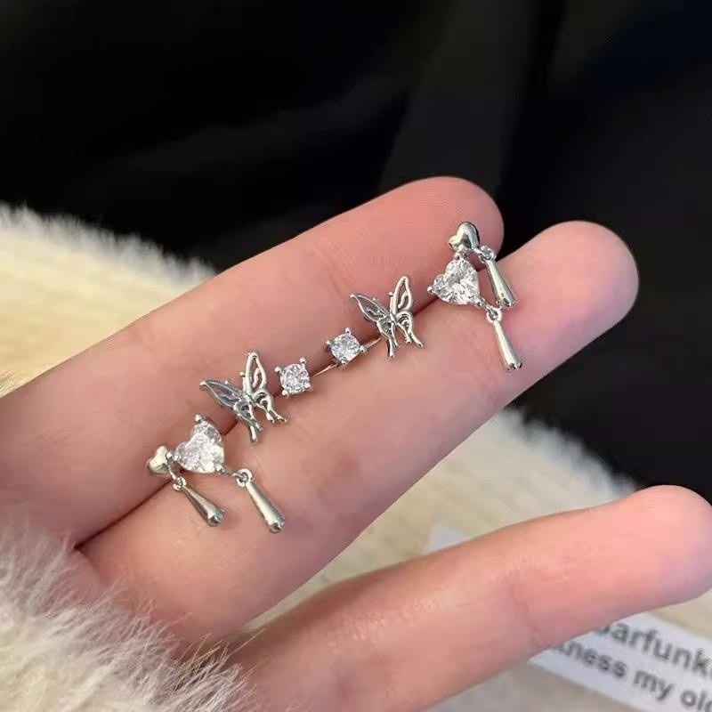 6pcs /Set Fashion Alloy Untuk Wanita INS Gaya Pesta Tindik Untuk Telinga Punk Y2K Berlian Imitasi Elegan Hati Liontin Anting Aksesoris Perhiasan Warna Silver Butterfly Stud Earrings