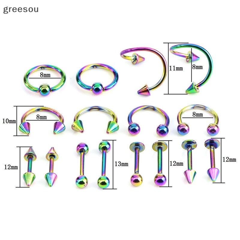 Greesou 16PCS /Set Cincin Bar Lidah Perut Spiral Stainless Steel Perhiasan Alis ID