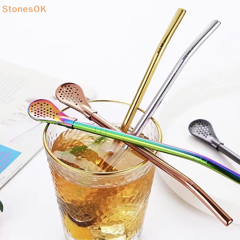 Batu Warna Warni304 Sedotan Minum Teh Stainless Steel Sendok Yerba Mate Tea Filter Reusable Metal Kitchen Bar Milk Tea Stirring Spoon ID