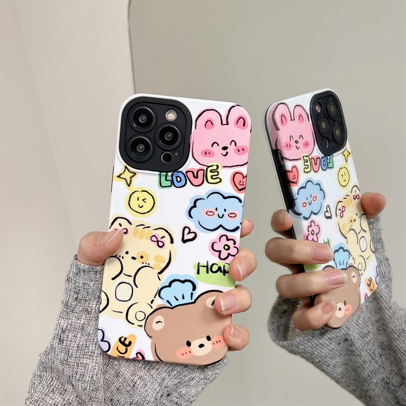 Happy Cartoon Bear Hard Plastic Case HP iP iPhone 12 13 14 Pro Max 11 FTD Casing Apple