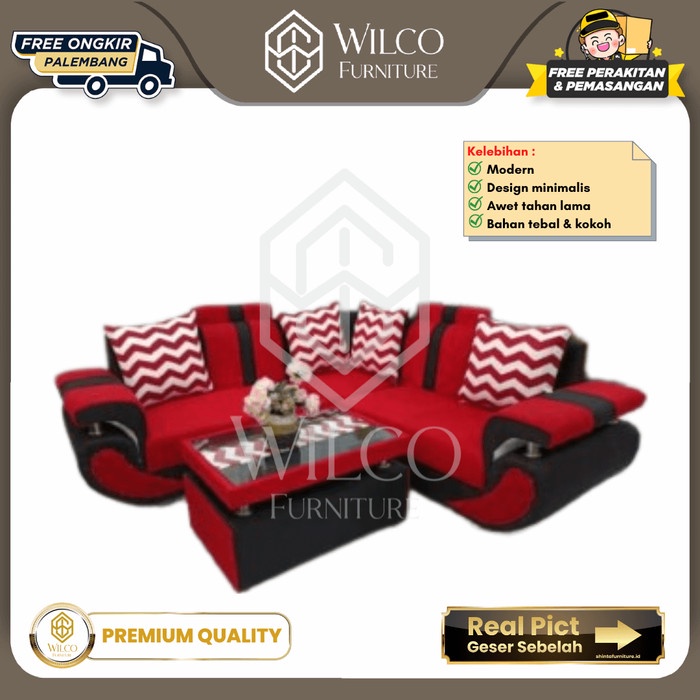 Sofa Sudut Icha Merah Cabe / Sofa L Bludru Furniture Palembang