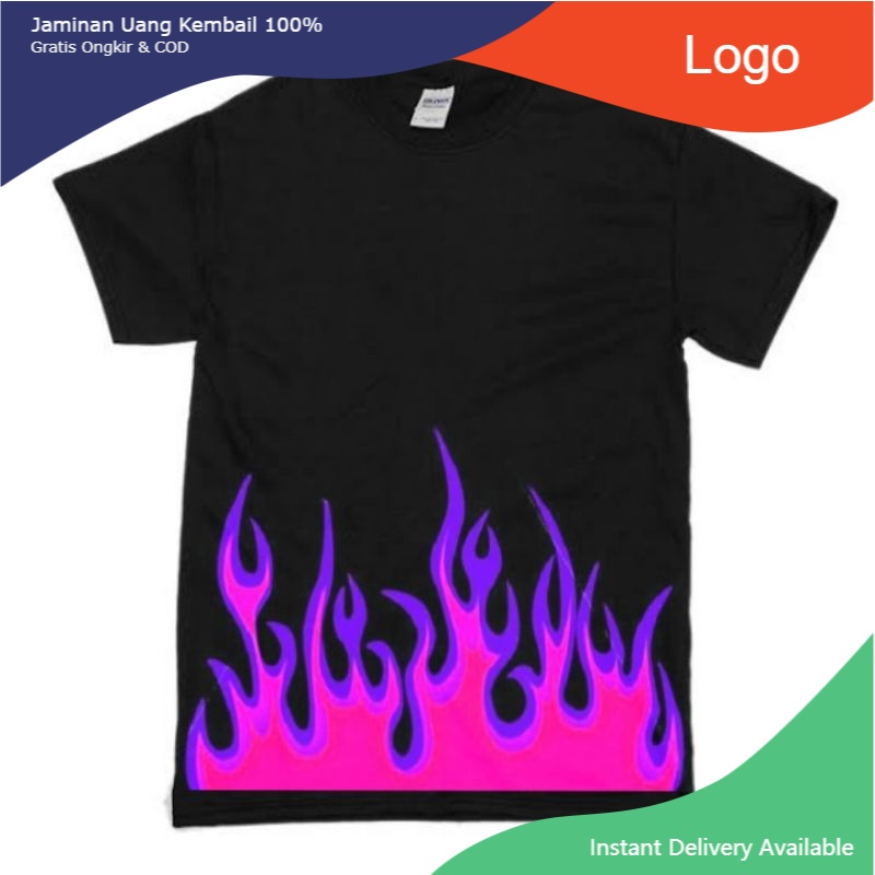 Kaos Motif Api Violet - Fire Violet / Baju Hitam Pria Motif Api Rapper Oversize