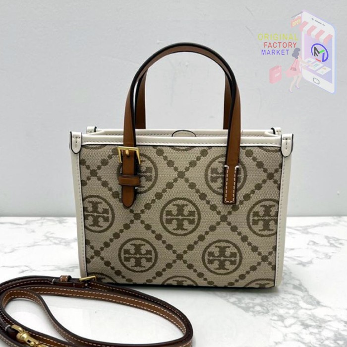 TAS TB MINI T MONOGRAM SQUARE TOTE 147682 Hazlenut Ivory Vs