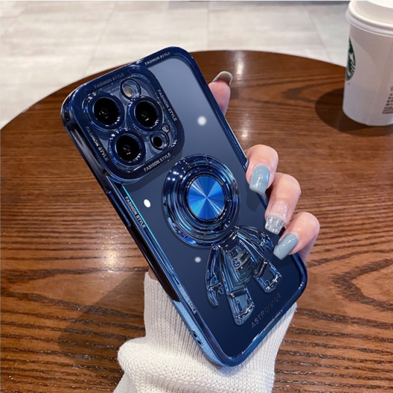 IPHONE Plating Astronot Bracket Stand Ring Holder Phone Case Untuk Iphone14 13 11 12 Pro Max XS X XR 7 8 Plus Cover Transparan