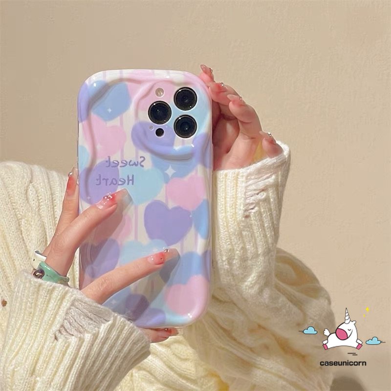 Casing Kompatibel Untuk iPhone 7plus 6s 6 7 8 Plus 11 13 12 14 Pro Max XR X XS Max SE 2020 Ins Lukisan Minyak Cinta Hati Tpu Lembut Shockproof Airbag Glossy 3D Bergelombang Tepi Melengkung Case