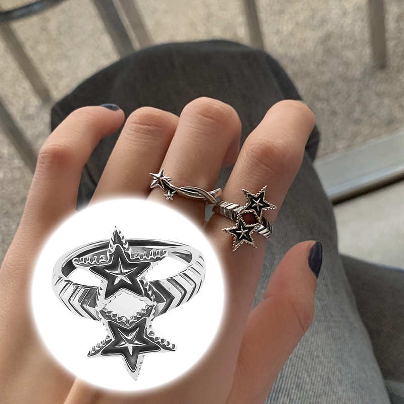 Cincin Kreatif Ganda Berujung Lima Bintang Salib Dapat Disesuaikan Warna Silver Untuk Wanita Mode Baru Perhiasan Pengantin Wanita Sederhana Elegan