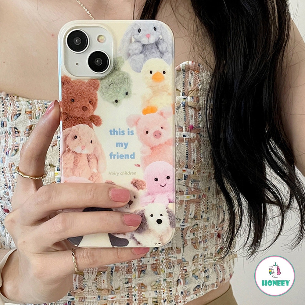 IPHONE Ins Kartun Hewan Boneka Ponsel Case Untuk Iphone14 11 12 13 Pro Max Cover Gadis Korea Hati IMD Shockproof Hard Back Cover