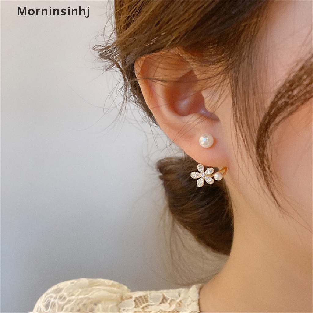 Mornin 1pasang Korea Imitasi Mutiara Bunga Stud Earrings Wanita Fashion Kristal Perhiasan Elegan Pesta Sehari-Hari Ikan Ekor Anting Dengan Mutiara Empat Cakar Telinga Baris Anting Hadiah id