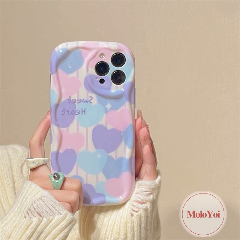 IPHONE Ins Lukisan Cat Minyak Cinta Hati Casing Kompatibel Untuk Iphone11 13 12 14 Pro Max XR 7plus 6s 6 7 8 Plus X XS Max SE 2020 Tpu Lembut Shockproof Airbag Glossy 3D Wavy Curved Edge Case