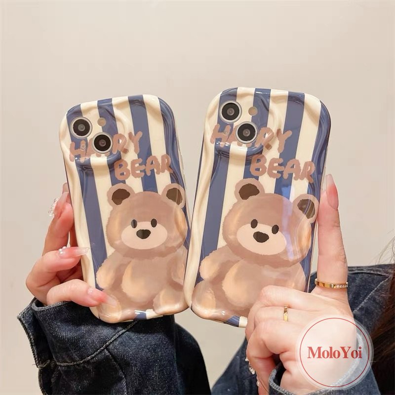 IPHONE Soft Tpu Airbag Glossy Shockproof Case Kompatibel Untuk Iphone14 13 12 Pro Max 11 Pro Max 7Plus XR 6s 6 7 8 Plus X XS Max SE 2020 3D Wavy Curved Edge Lucu Kartun Beruang Stripe Cover