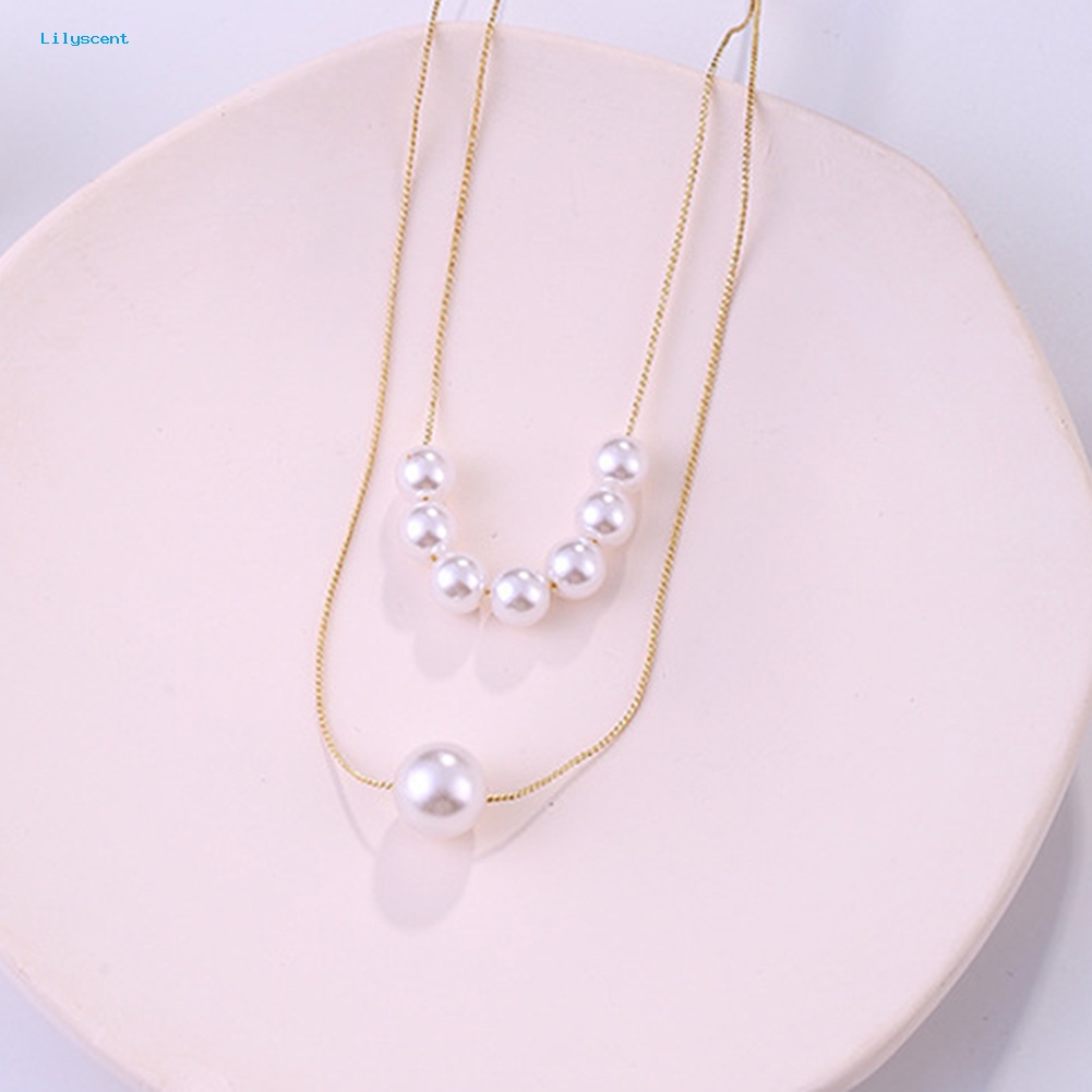 Lilyscent Fashion Wanita Kalung Jepang Korea Mutiara Imitasi Berlapis Ganda Rantai Liontin