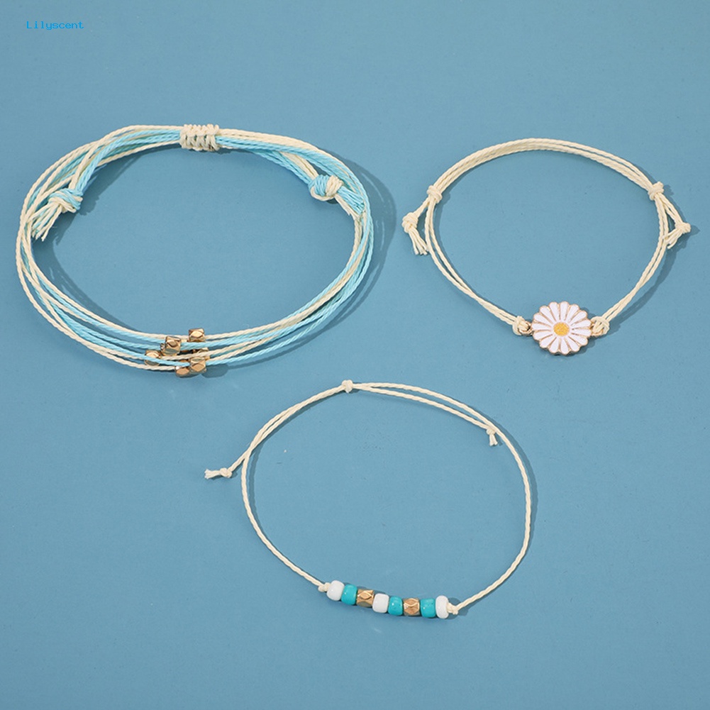 Lilyscent 3Pcs/Set Bohemian Wanita Manik Bunga Pesona Tali Gelang Bangle Perhiasan Hadiah