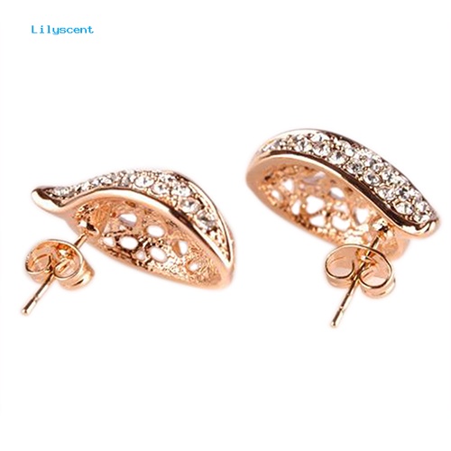 Lilyscent 1pasang Fashion Wanita/'s Lady Berongga Daun Berlian Imitasi Ear Stud Earrings Golden Tone